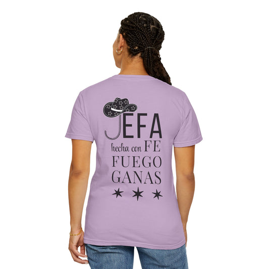Jefa Hecha con Fe, Fuego y Ganas – Lilac Cowgirl Tee